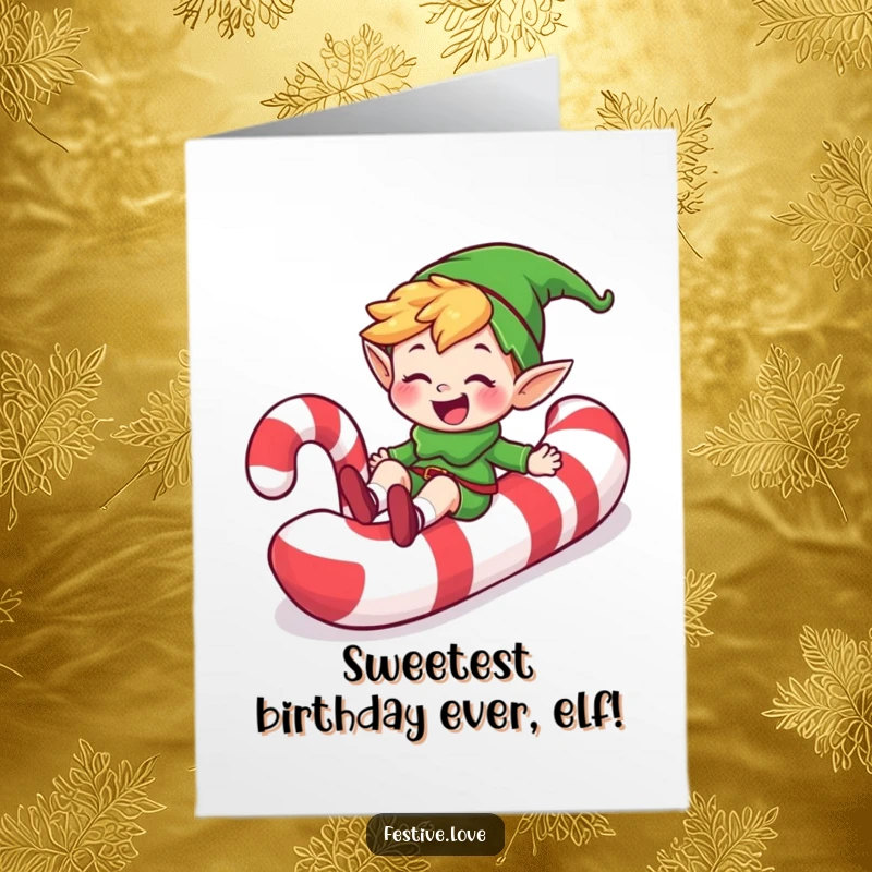 Funny Free Printable Birthday Card: Happy elf character with a huge grin sliding down a giant candy cane.