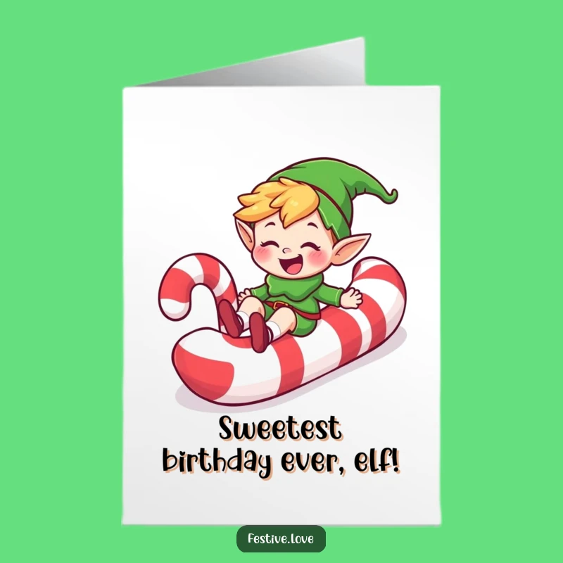 Free Printable Birthday Card: Elf Slides Candy Cane - Happy Downloadable Gift