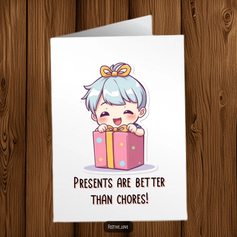 Funny free printable birthday card: Small character enthusiastically tearing open a brightly colored present, full of anticipation.
