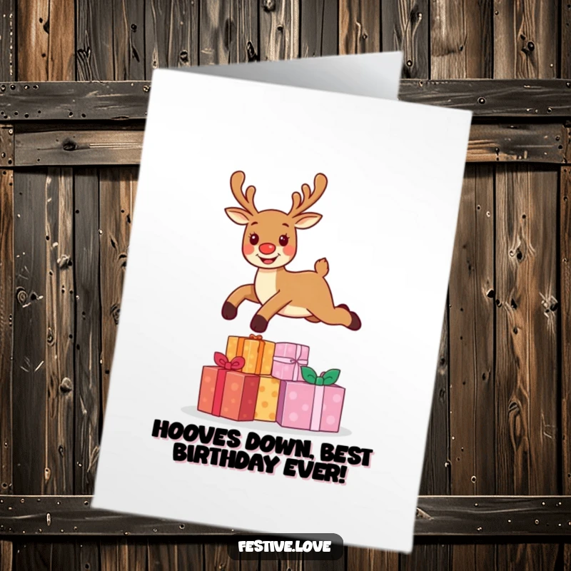 Funny Free Printable Birthday Card: Cheerful reindeer mid-air, leaping over a stack of colorful presents, ready to deliver a laugh.