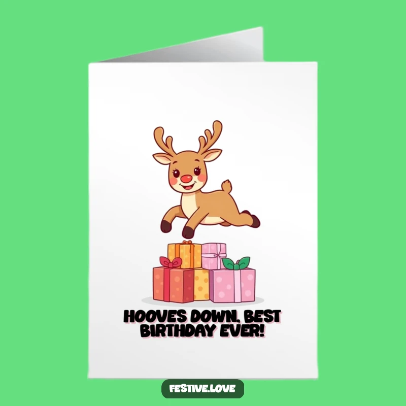 Free Printable Birthday Card: Funny Reindeer Leaping Joyfully - Downloadable Gift!