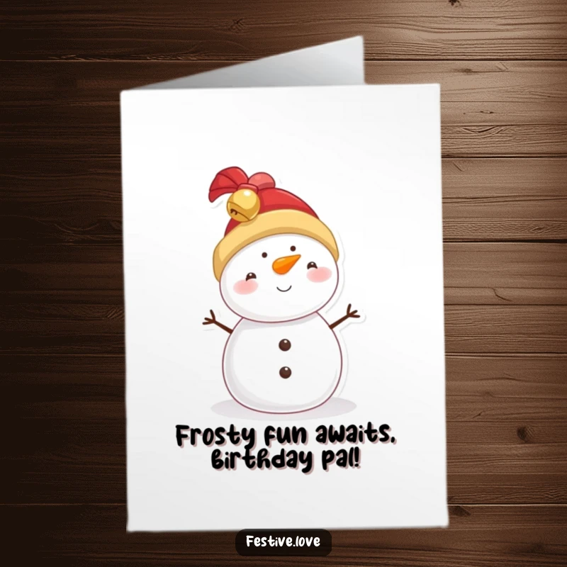 Funny Free Printable Birthday Card: Joking snowman with a jingly bell hat, ready to deliver holiday-themed birthday laughs and cheer.
