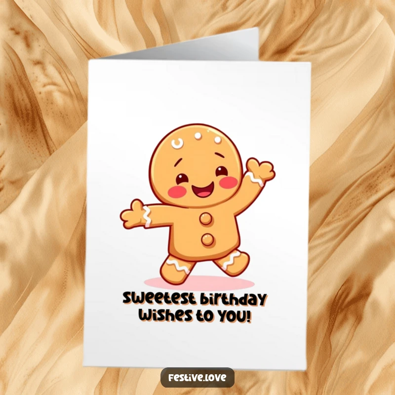 Funny Free Printable Birthday Card: A happy gingerbread cookie character doing a joyful jig, dancing, festive celebration.