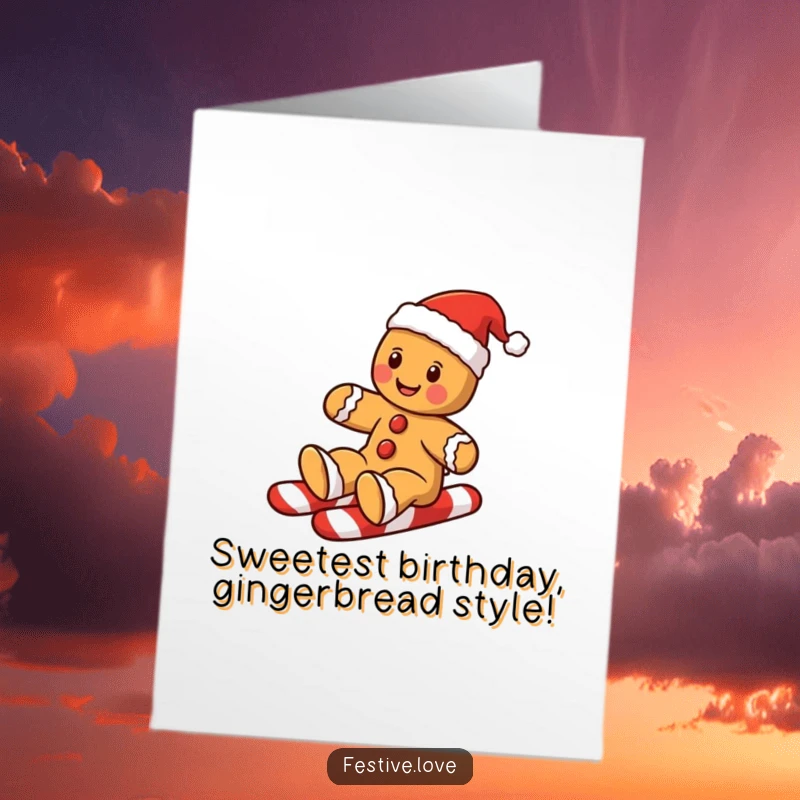 Funny Free Printable Birthday Card: Gingerbread man in Santa hat slides down candy cane, spreading birthday joy.