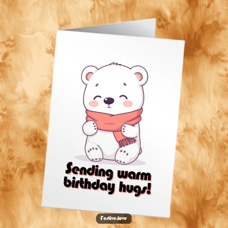 Funny Free Printable Birthday Card: A kawaii polar bear wearing a tiny scarf, offering a big, warm, teddy bear hug.