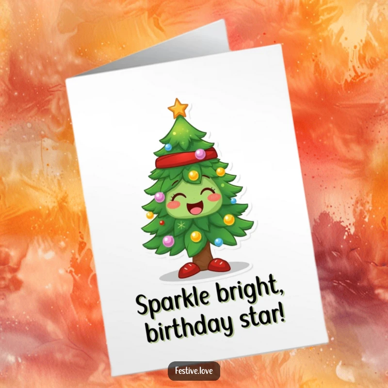 Funny Free Printable Birthday Card: A Christmas tree character sparkling with pure joy, ready to deliver humorous birthday wishes and downloadable festive merriment.