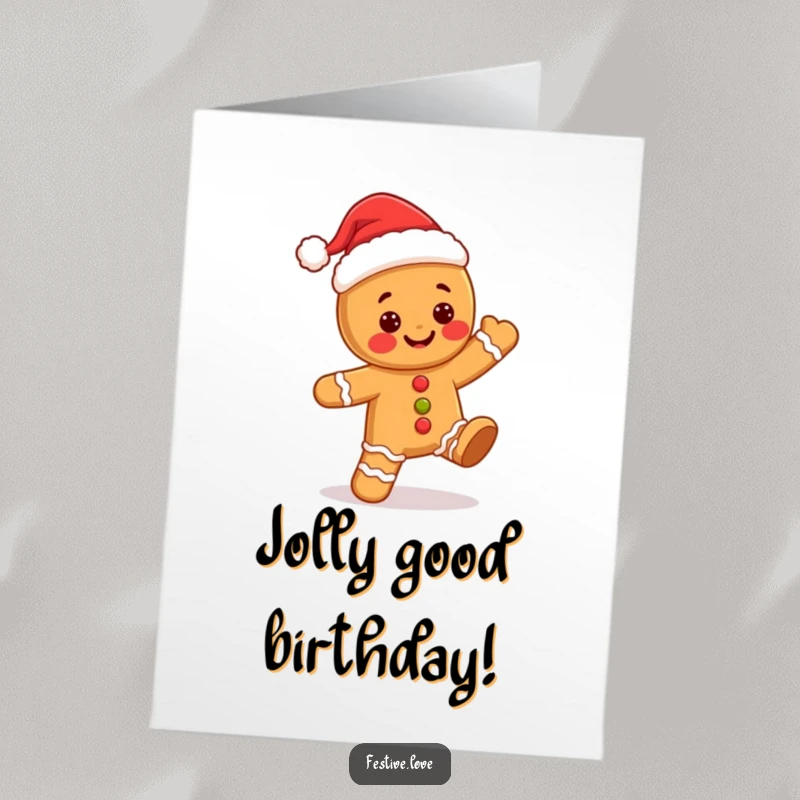 Funny Free Printable Birthday Card: A cute kawaii gingerbread man in a Santa hat does a joyful, energetic dance.