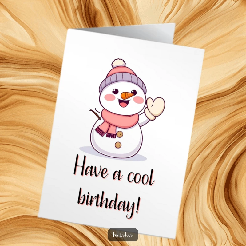 Funny Free Printable Birthday Card: A cute kawaii snowman with a carrot nose enthusiastically waves a mitten.