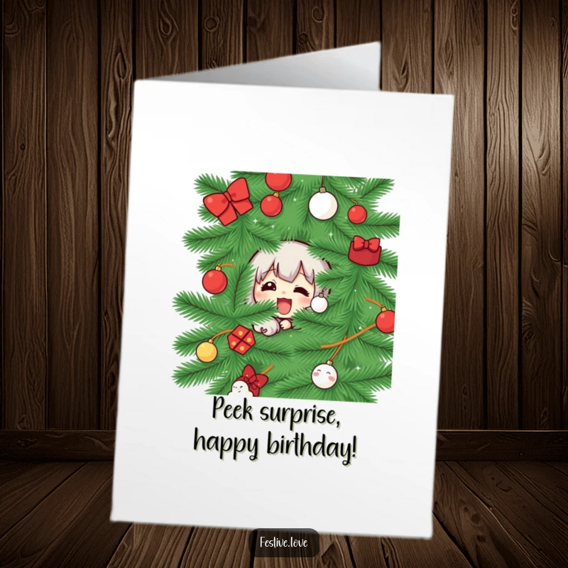 Funny Free Printable Birthday Card: A character excitedly peeks out from behind a decorated Christmas tree, full of playful anticipation.