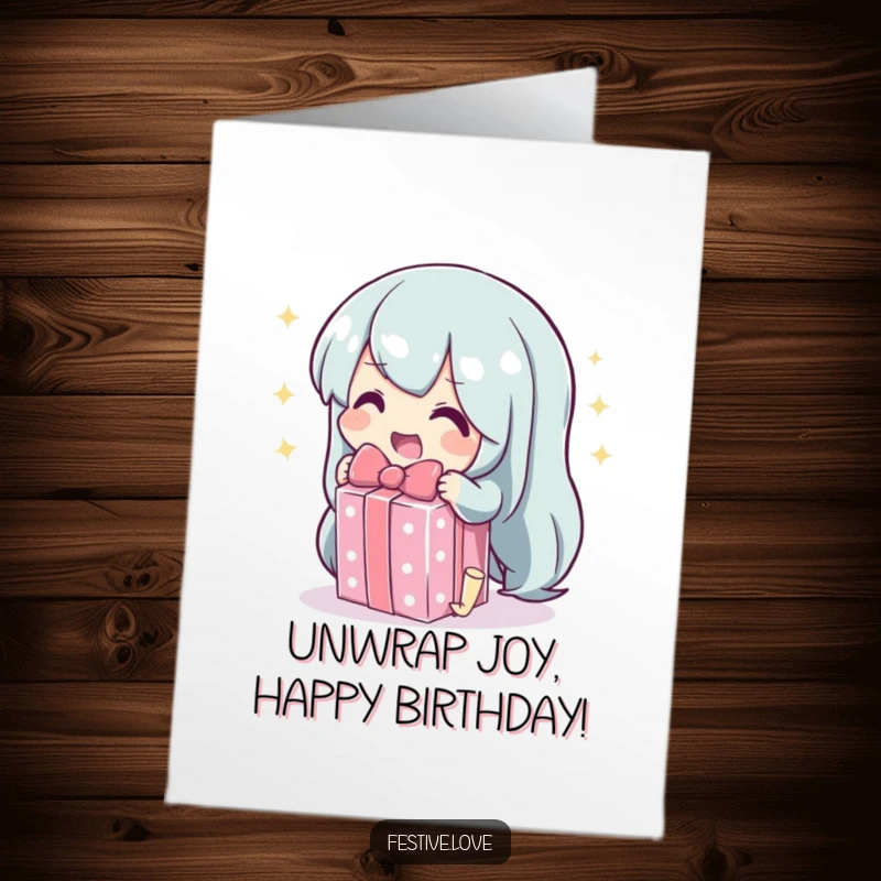 Funny Free Printable Birthday Card: A character gleefully unwraps a sparkling gift with excitement and delight, ready for joy.