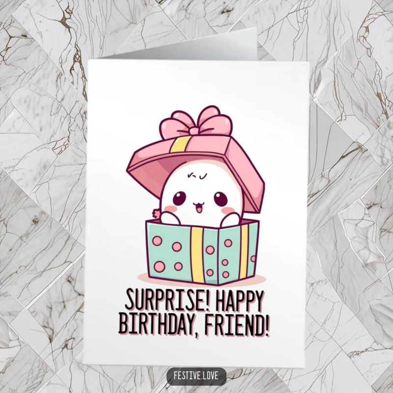 Funny Free Printable Birthday Card: Kawaii present character lid popping open in a moment of delightful, comical surprise.