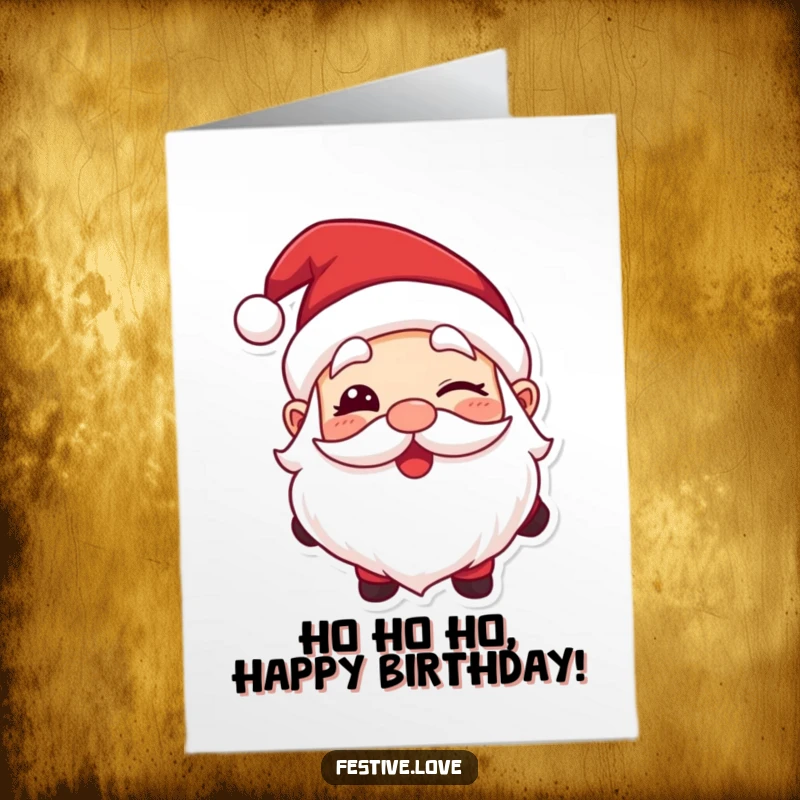 Funny Free Printable Birthday Card: Santa Claus giving a big, mischievous, happy wink with a playful grin.
