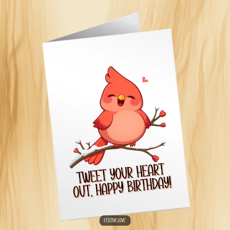 Funny Free Printable Cardinal Birthday Card: Plump red cardinal singing joyfully on a snowy branch for a birthday.