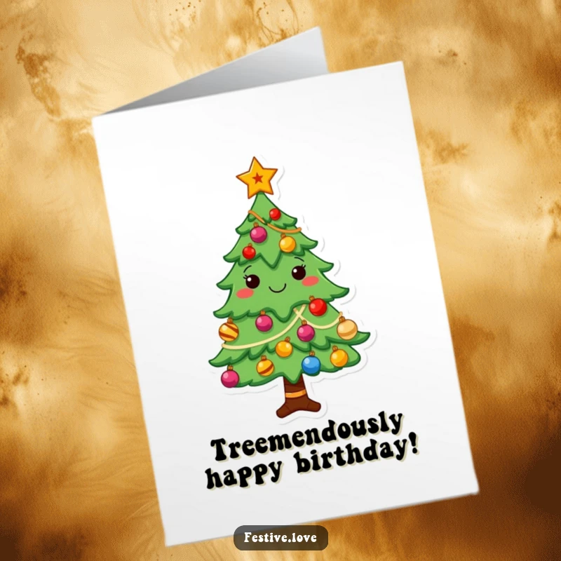 Funny Free Printable Birthday Card: A cheerful Christmas tree adorned with ornaments and a star, wishing a happy and bright birthday.