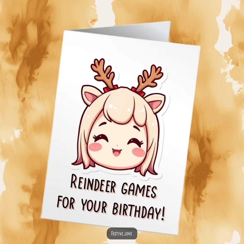 Funny Free Printable Birthday Card: Smiling character wears reindeer antlers, looking excited and ready to celebrate a birthday with festive fun.