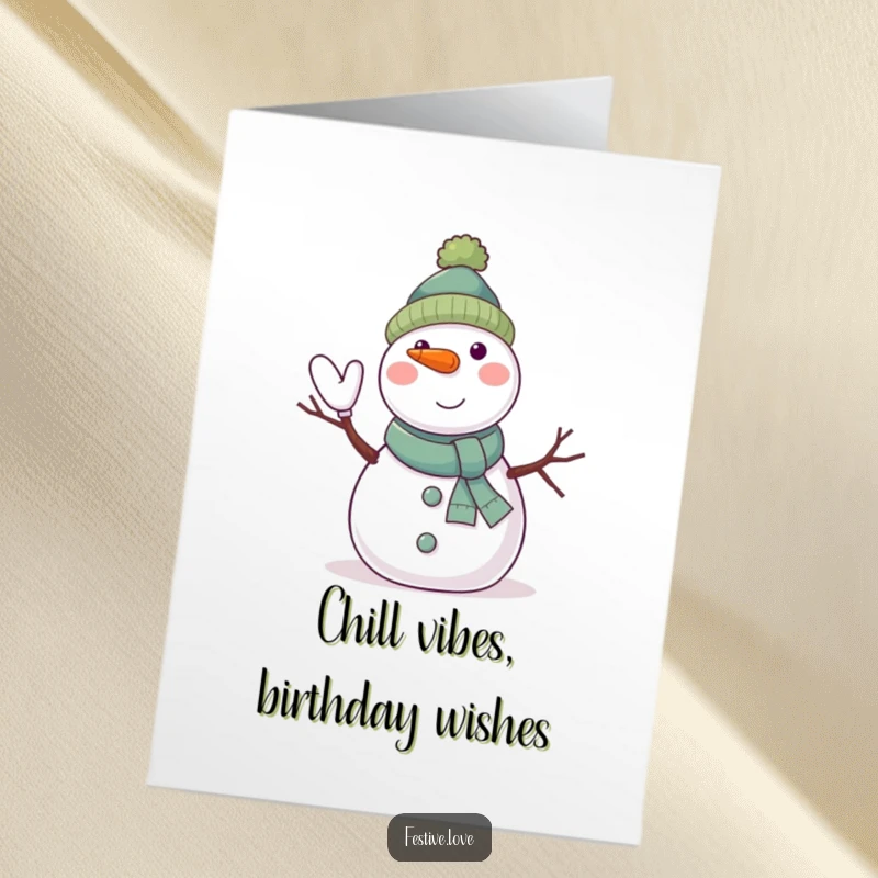 Funny Free Printable Birthday Card: A cheerful snowman with a carrot nose waves happily with twig arms, wishing a cool birthday.