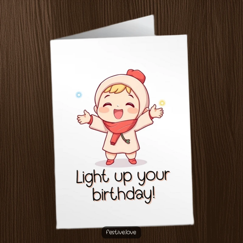 Funny Free Printable Birthday Card: Joyful character happily juggles three small, glowing Christmas lights, spreading birthday cheer and light.