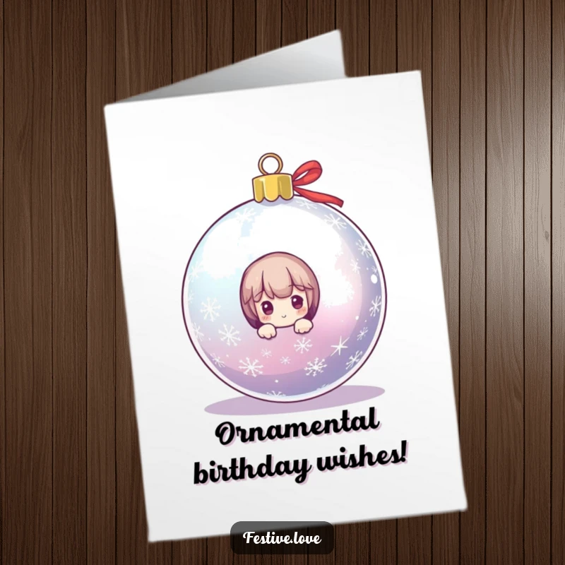 Funny Free Printable Christmas Birthday Card: Tiny character peeks from behind a giant, twinkling ornament, spreading holiday cheer.