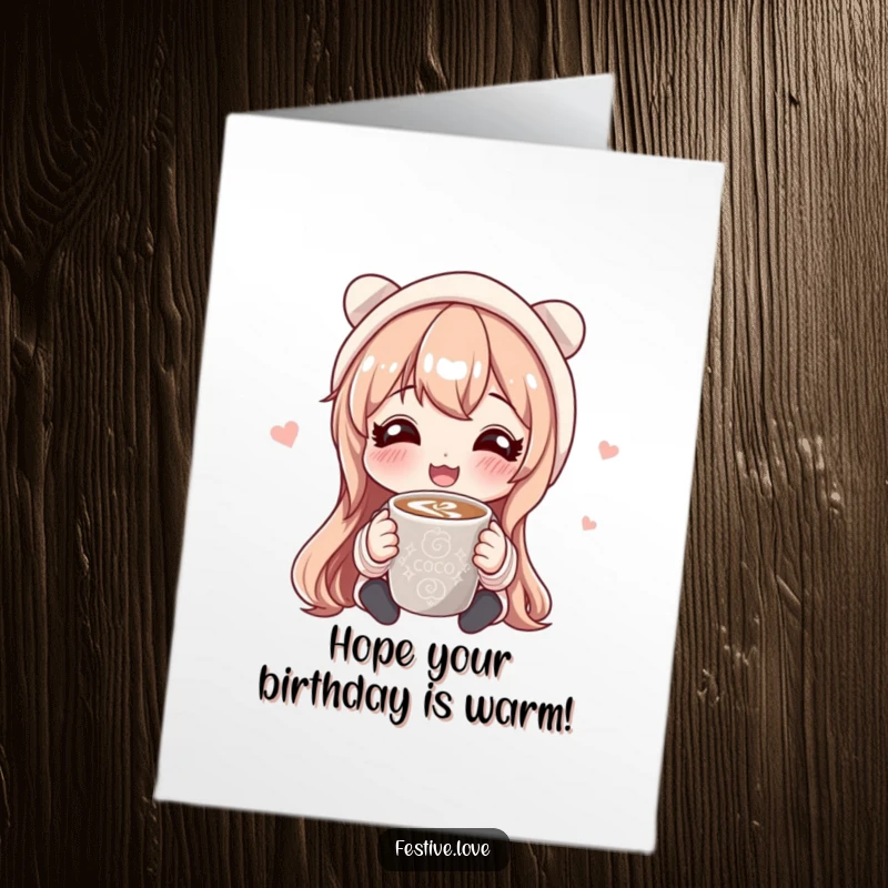 Funny free printable birthday card of a character beaming with happiness while sharing a warm cup of hot cocoa.
