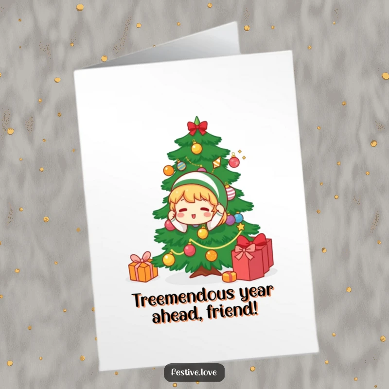 Funny free printable birthday card of a quirky character joyfully decorating a Christmas tree with colorful ornaments for a festive surprise.