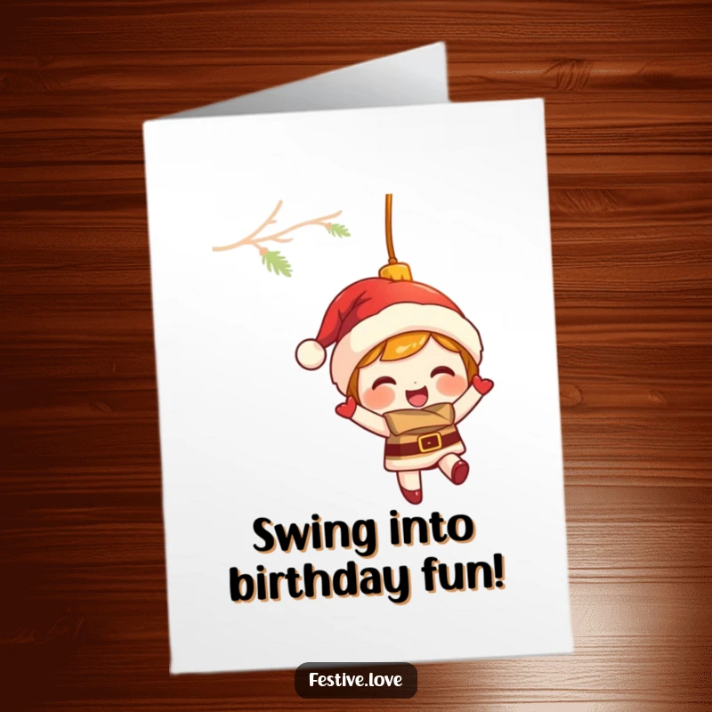 Funny Free Printable Birthday Card: A giggling Christmas ornament character swinging merrily on a branch with a wide, joyful grin.
