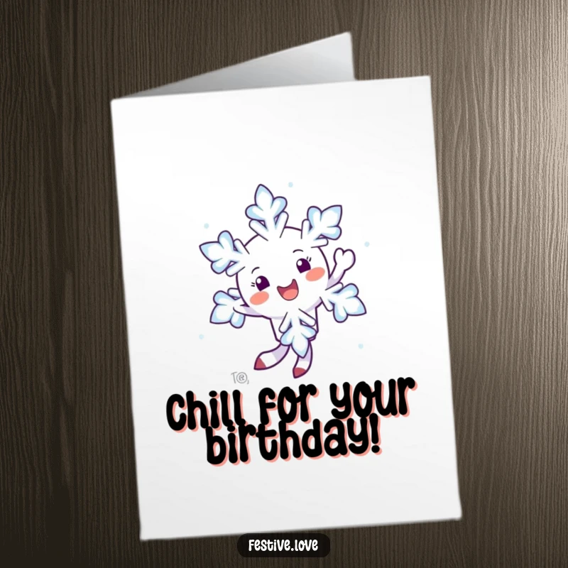 Funny Free Printable Birthday Card: A happy snowflake character gracefully twirling in the air with a cheerful smile.