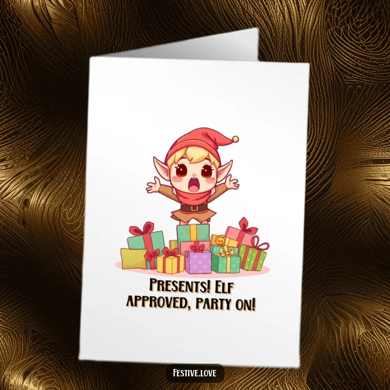 Funny Free Printable Elf Birthday Card: Surprised elf jumping for joy behind a huge pile of colorful presents.