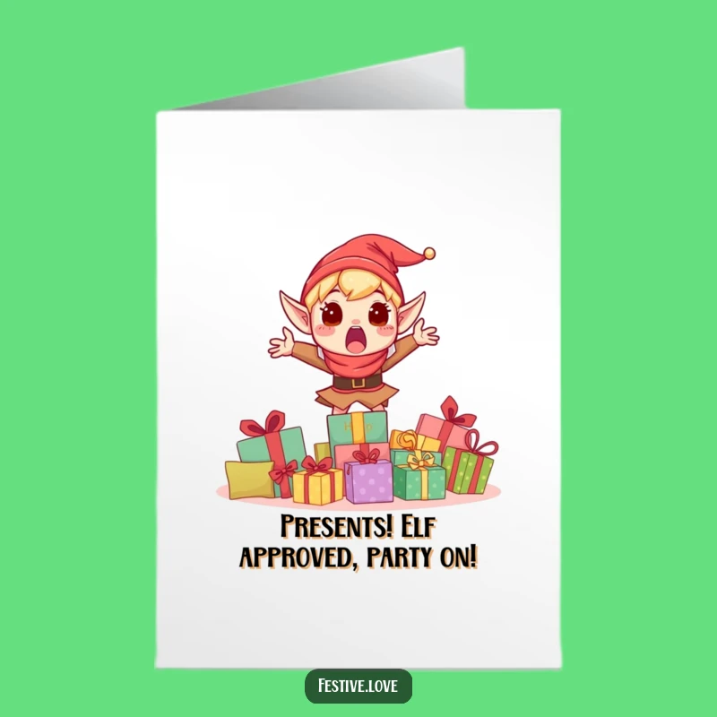 Funny Free Printable Elf Birthday Card: Surprised Elf Jumping Behind Presents Downloadable Gift