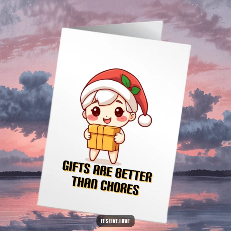 Funny Free Printable Birthday Card: Cute Santa character in a hat happily delivering a big gift box, bringing festive birthday wishes.