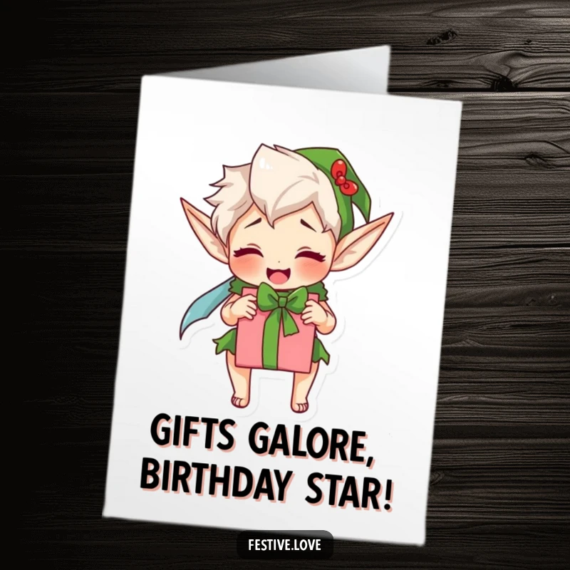 Funny Free Printable Birthday Card: An energetic elf excitedly wrapping a present, perfect for delivering humorous birthday wishes and downloadable holiday cheer.