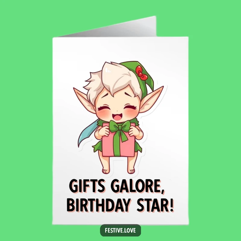 Free Printable Birthday Card: Excited Elf Present Wrap, Humorous Birthday Downloadable Gift