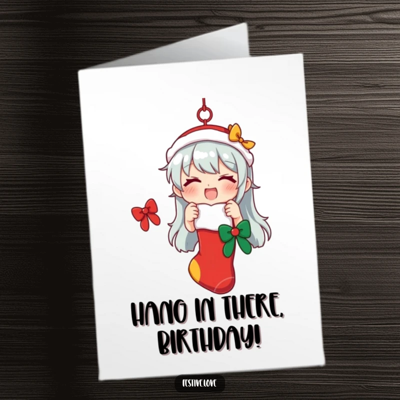 Funny Free Printable Birthday Card: A character joyfully hangs a festive stocking, ready for holiday gifts and good times.