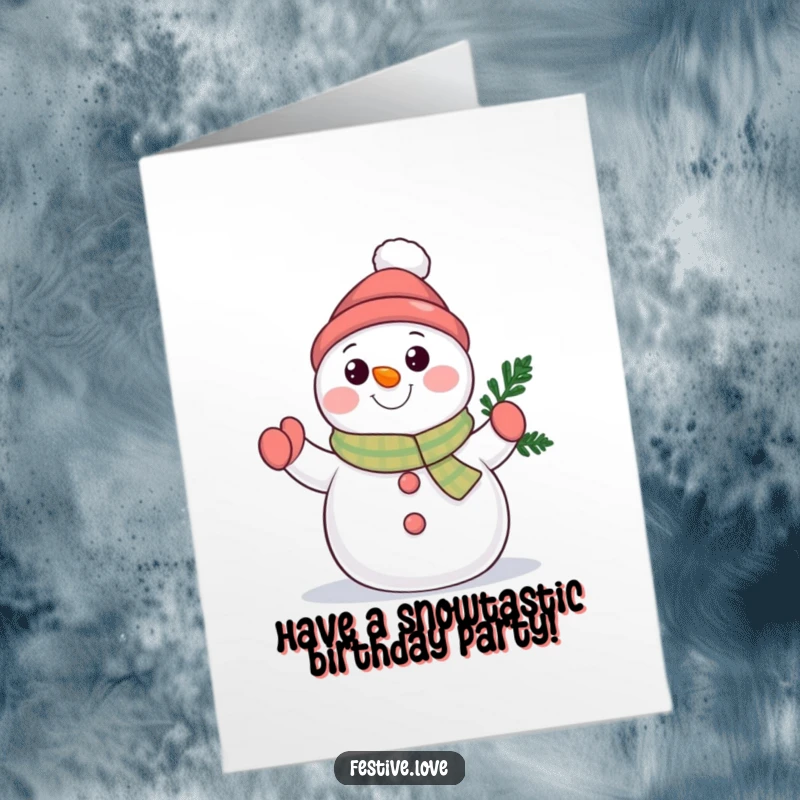 Funny Free Printable Birthday Card featuring a cheery snowman character waving a tiny evergreen branch, sending warm birthday wishes.