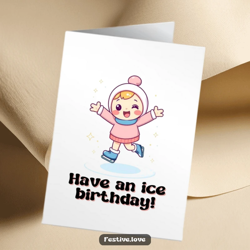 Funny free printable birthday card: Happy character ice skating with arms outstretched, kicking up sparkly ice with joy.