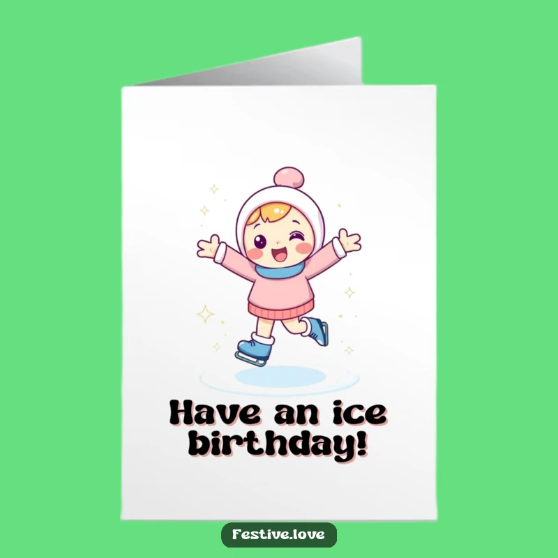 Free Printable Birthday Card: Ice Skating Character - Fun Winter Birthday Download Gift