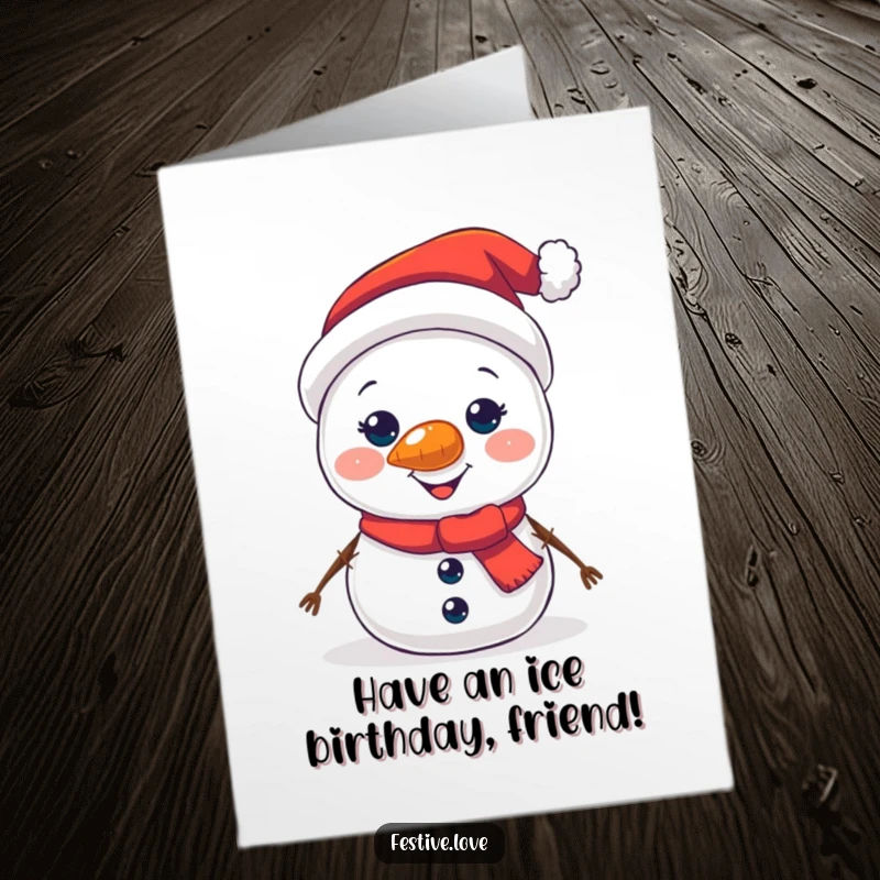 Funny Free Printable Birthday Card: A jolly snowman character with a brightly glowing carrot nose, winter celebration.