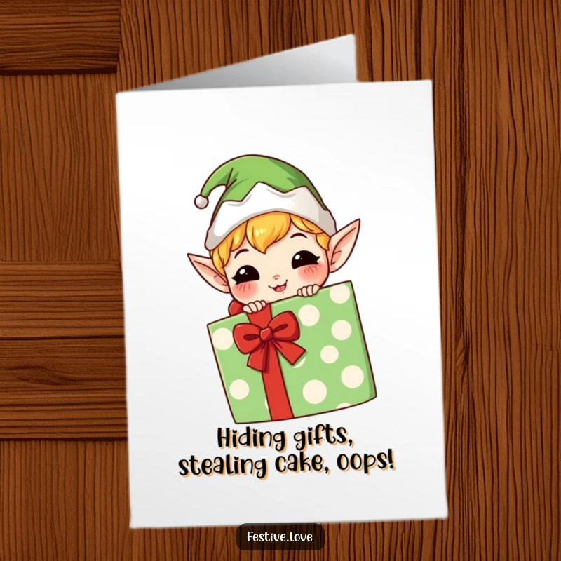 Funny Free Printable Birthday Card: Mischievous kawaii elf peeking from behind a giant gift box with a sneaky grin.