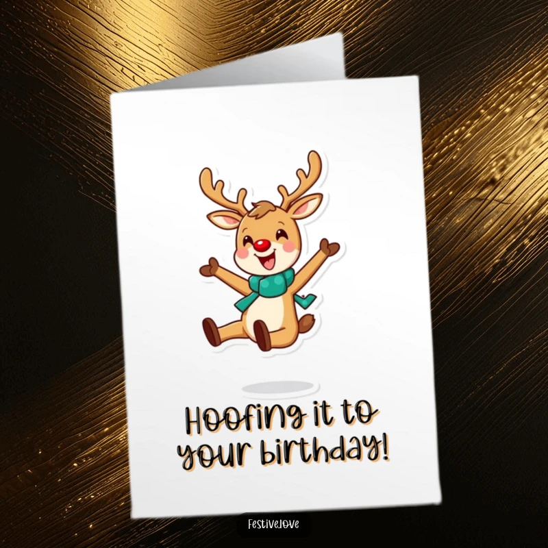 Funny Free Printable Birthday Card: Cheerful reindeer doing a joyful leap, ready for celebration.