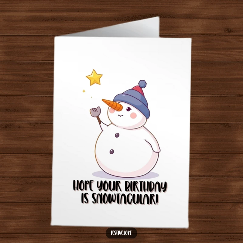 Funny Free Printable Birthday Card: Plump snowman points to falling star, wishing birthday magic.