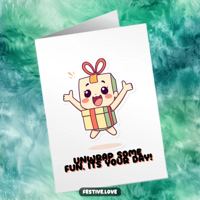 Funny Free Printable Birthday Card featuring an excited little present character bouncing with extreme joy, ready to celebrate.