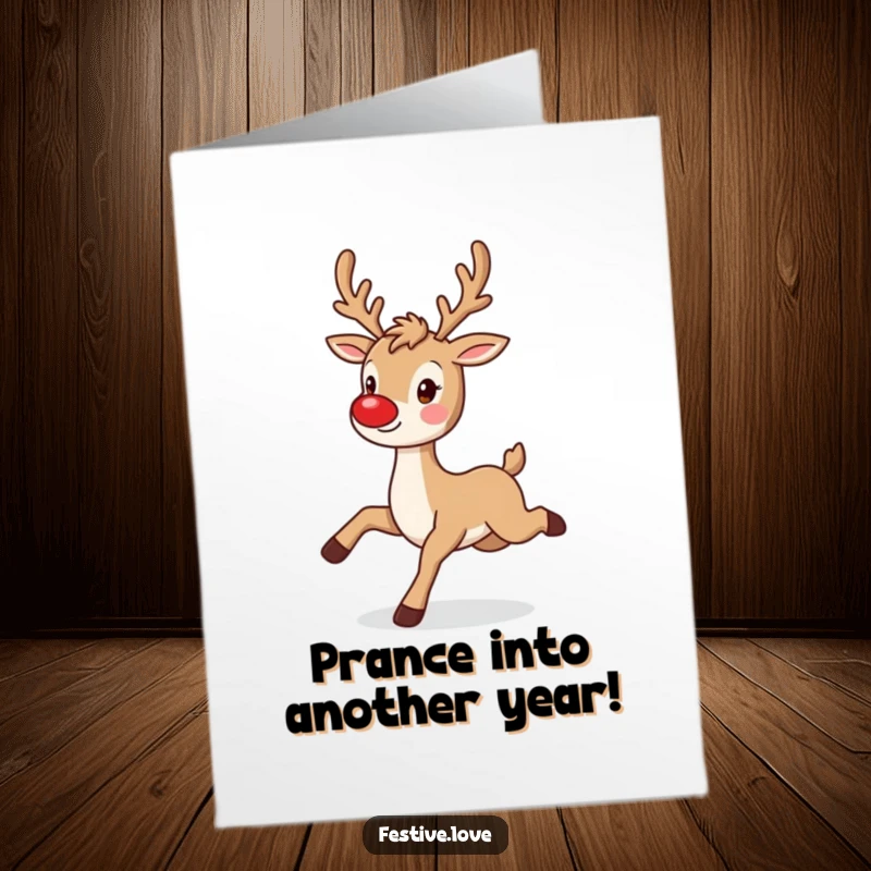 Funny Free Printable Birthday Card: A playful reindeer with a twinkling red nose happily prances, wishing a fantastically fun birthday.