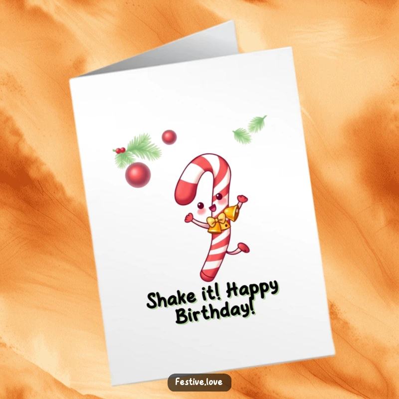 Funny Free Printable Birthday Card: Candy cane with jingle bells dances joyfully, celebrating birthday fun.