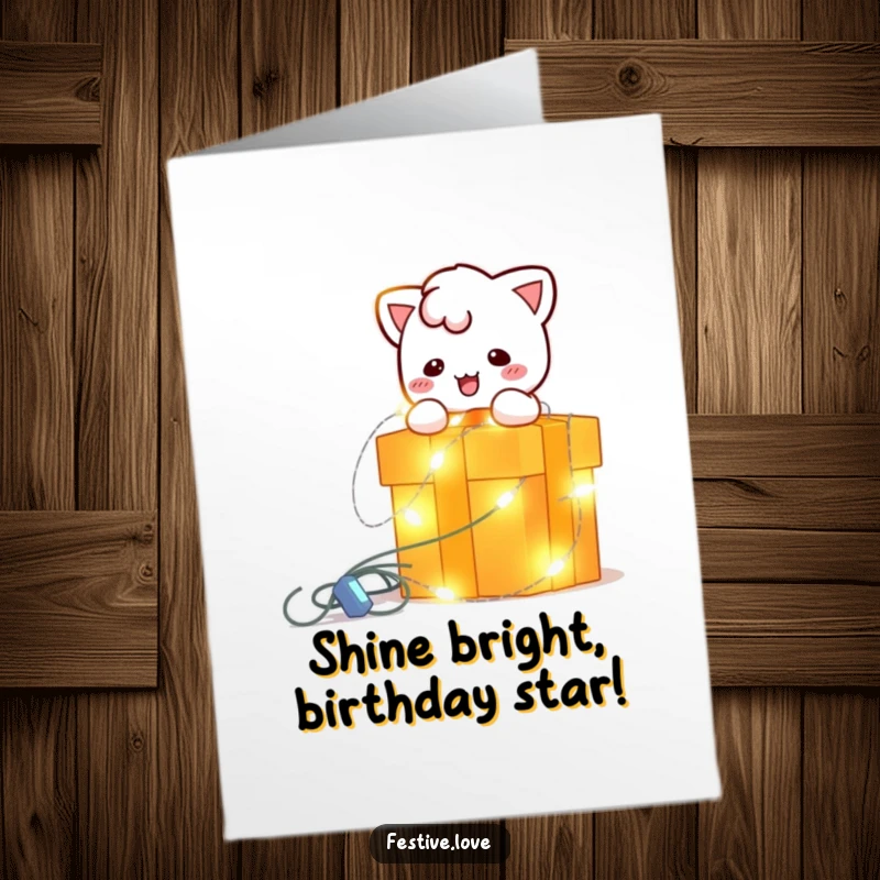 Funny Free Printable Birthday Card: Bright, blinking string light character playfully encircles a gift box, wishing a dazzling birthday.