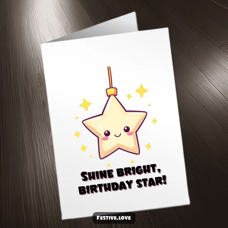 Funny Free Printable Birthday Card: A kawaii star ornament gleefully twinkling and spinning with pure delight.