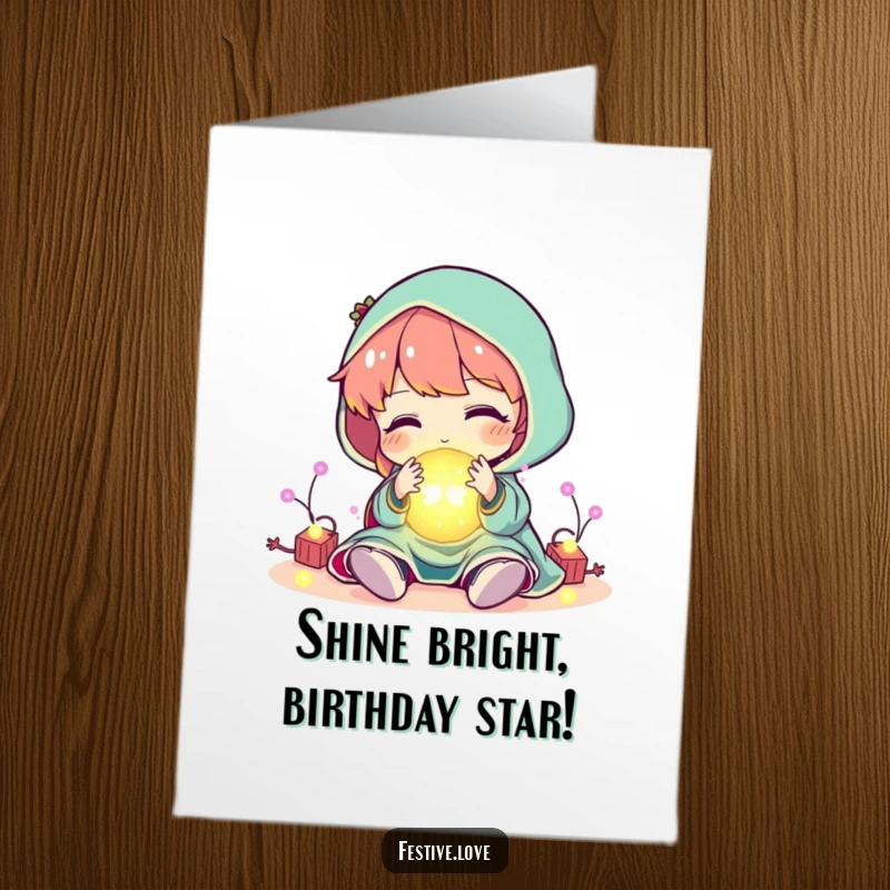 Funny Free Printable Birthday Card: Character playfully interacts with a bright, glowing ball of festive holiday lights.