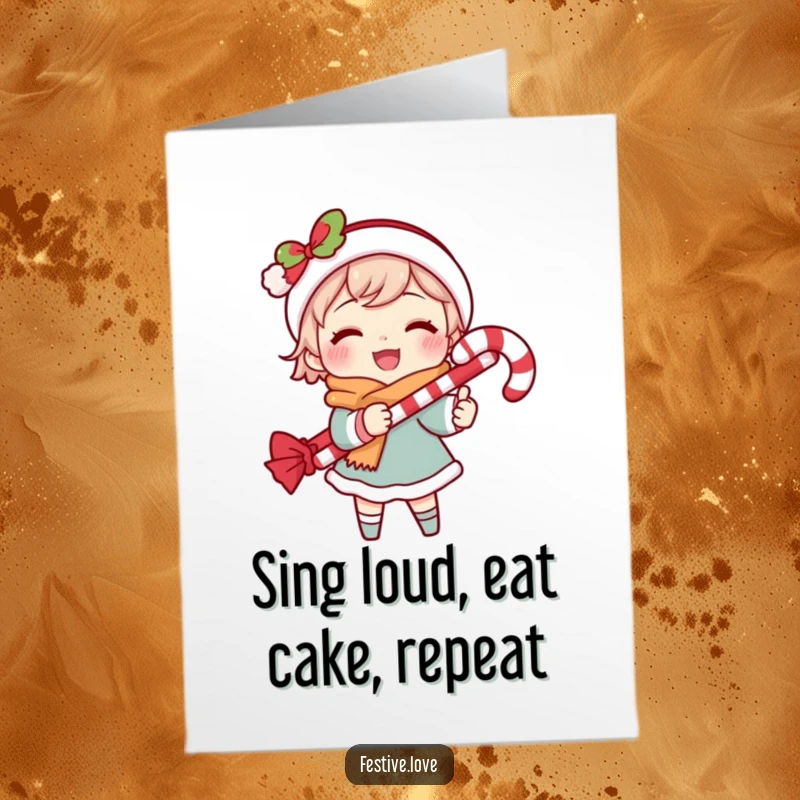 Funny Free Printable Birthday Card featuring a character joyfully caroling with a candy cane, singing holiday tunes with a smile.