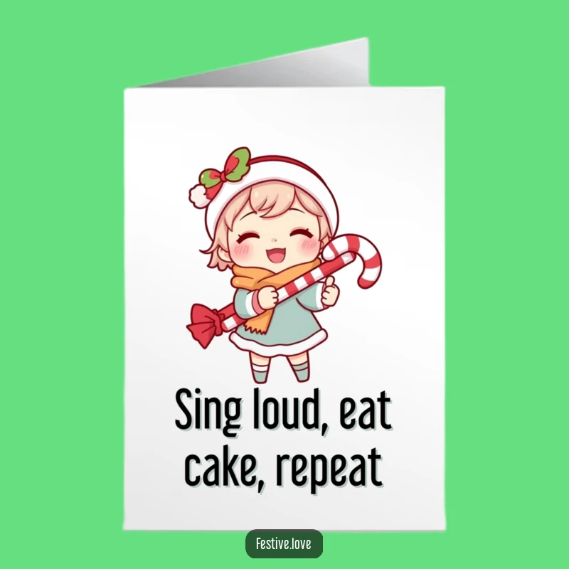 Free Printable Birthday Card: Funny Caroling Character, Candy Cane Cheer