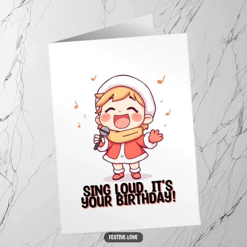 Funny Free Printable Birthday Card: Happy carol singer belts out a tune with a massive smile, spreading birthday joy and festive cheer.