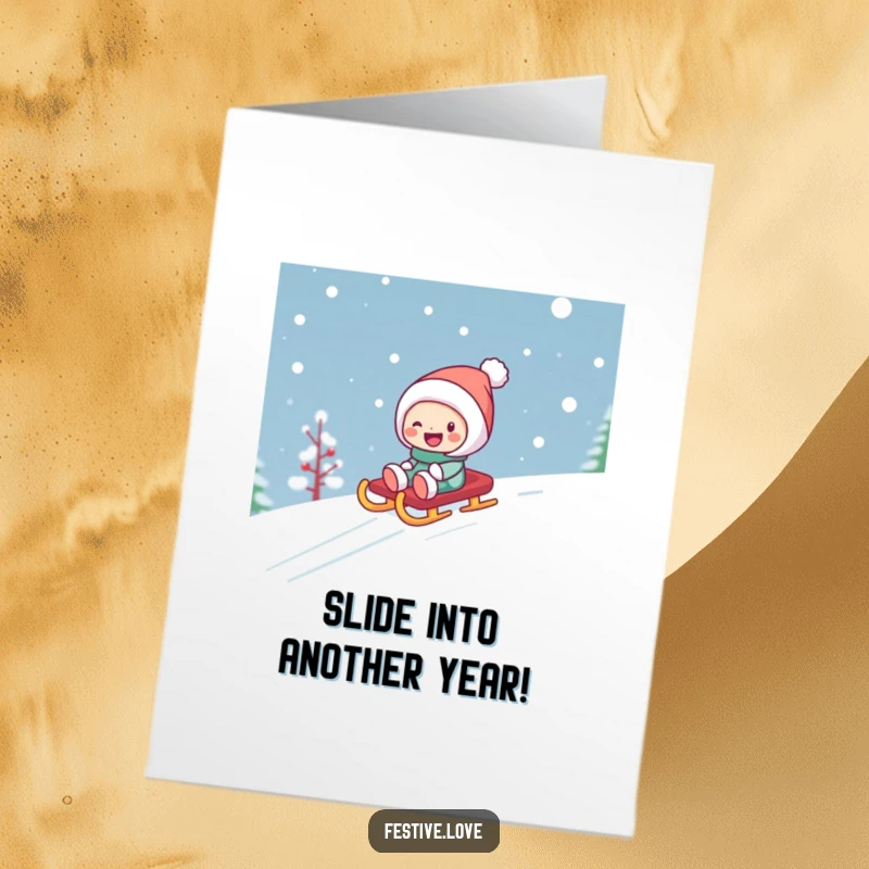 Funny Free Printable Birthday Card: Giggling character joyfully slides down a snow-covered hill on a festive sled, full of birthday cheer.