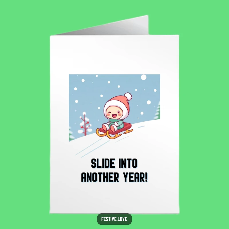 Free Printable Funny Birthday Card - Giggling Sledding Character Design
